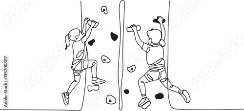 Schoolgirl And Schoolboy Kids Climbing Wall In Sport Center Attraction. one line art icon drawing vector