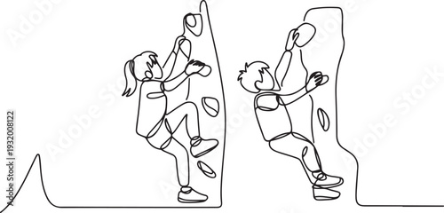 Schoolgirl And Schoolboy Kids Climbing Wall In Sport Center Attraction. one line art icon drawing vector