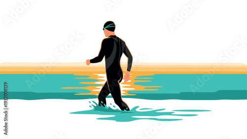 Triathlete entering water at sunrise in minimalist style
