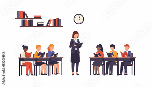 Vector illustration of a teacher standing with students reading books on Read Across America Day in a classroom setting with desks and bookshelves.
