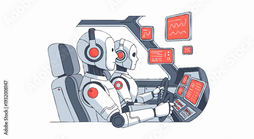 Robots driving a futuristic car with advanced technology displays.