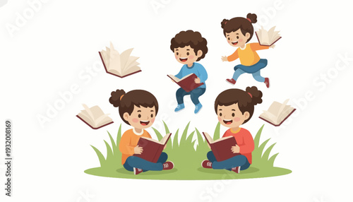 Illustration of children reading books on grass for Read Across America Day with a playful design and colorful icon style.