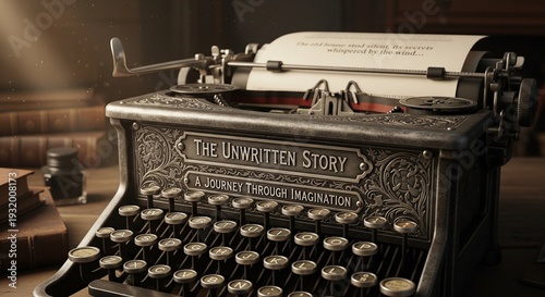 Vintage Typewriter with Unwritten Story on Desk in Dimly Lit Room from Close-up Viewpoint