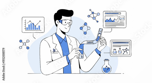 Scientist in Lab Coat Examining Test Tube with Molecules and Graphs.
