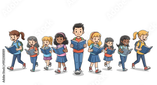 Illustration of diverse children and one adult in casual clothes holding books on Read Across America Day with a colorful and lively design against a clean white background.