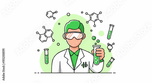 Scientist holding test tube in laboratory with molecules.