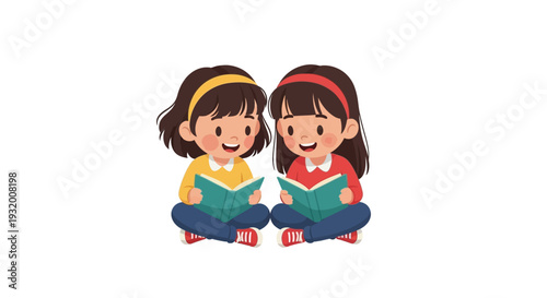 Vector illustration of two happy children reading books together on Read Across America Day with a colorful design and icon-style characters.