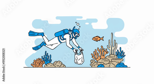 Scuba diver collecting plastic waste from ocean floor.