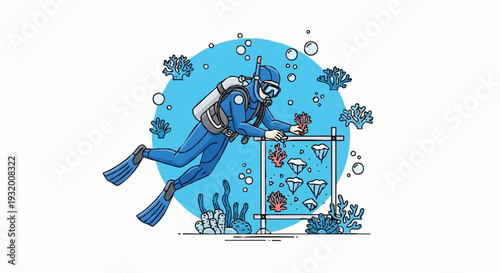 Scuba diver exploring underwater coral reef ecosystem.