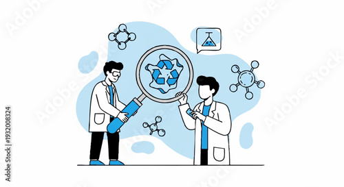 Scientists examining microscopic structures with magnifying glass.
