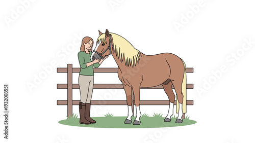 Woman and horse friendship in minimalist pasture scene