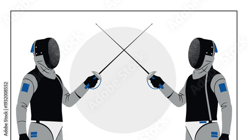 Dynamic fencing match: two fencers in action with epees in a flat minimalist design