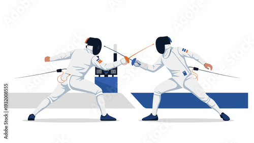Dynamic fencing duel: two athletes engaged in a competitive match