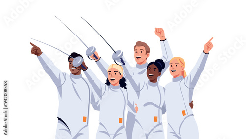 Diverse team of fencers celebrating victory in uniforms with foils