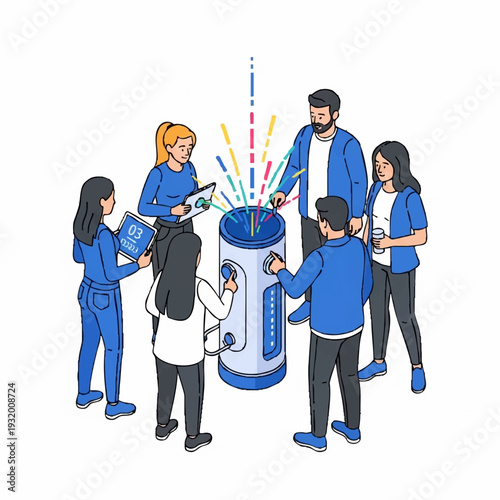 Team collaborating around a futuristic water heater device.