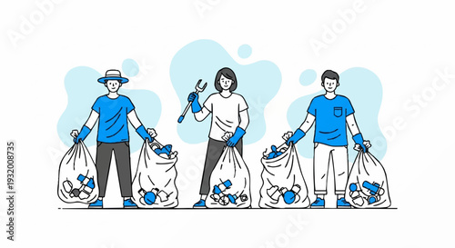 Three people collecting trash in large bags.