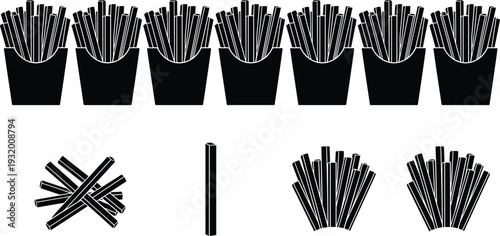 Black and white stylized silhouette illustration of French fries containers and individual fries arranged as a puzzle, perfect for food, logic, and design purposes
