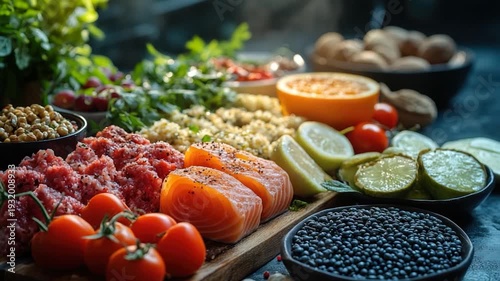 A wooden cutting board loaded with an assortment of tasty dishes
