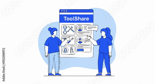 Two people interacting with a digital interface for ToolShare.