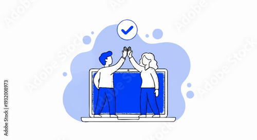 Two people highfiving over a laptop screen celebrating success.