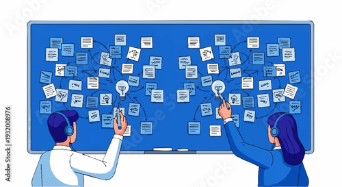 Two people collaborating on a large blue board with sticky notes.