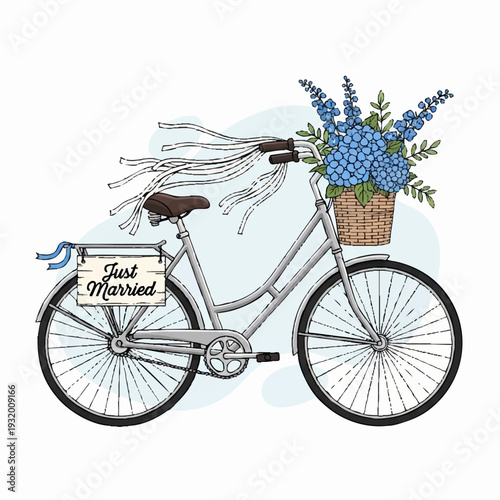 Vintage Bicycle Decorated with Flowers and Just Married Sign.
