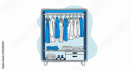 Wardrobe filled with neatly organized clothes and folded items.