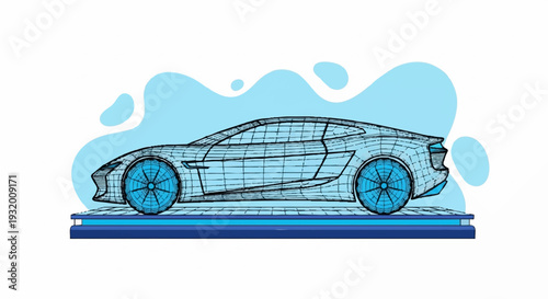Wireframe Sports Car Model Design Blueprint.
