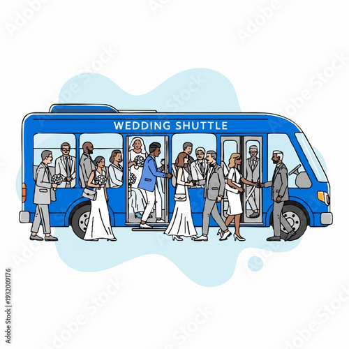 Wedding guests boarding a blue shuttle bus for transportation.