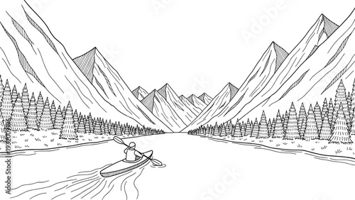 Canoe adventure in scenic mountain landscape with forest and lake