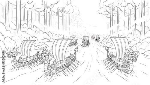 Dragon boats racing through a forest river in line art style