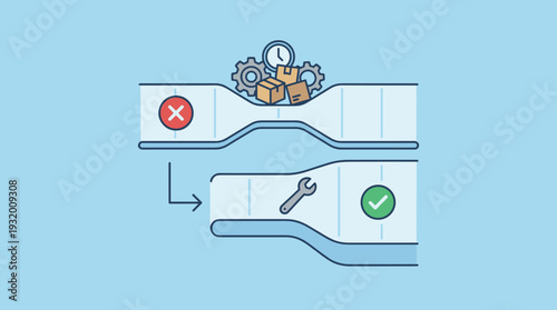 Business Bottleneck Concept Illustration Showing Workflow Congestion with Boxes and Gears Being Resolved Through Process Optimization and Efficiency Improvements for Better Productivity