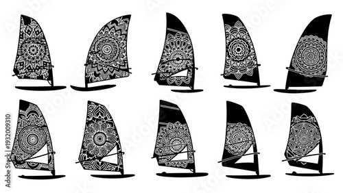 Ornate mandala sail designs in black and white silhouette style