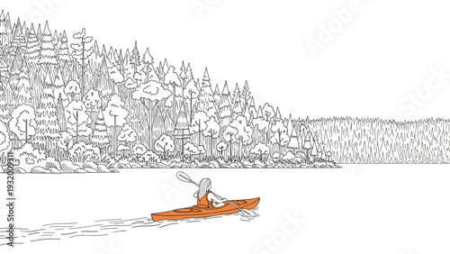 Scenic kayak adventure in outline style with orange canoe on serene lake