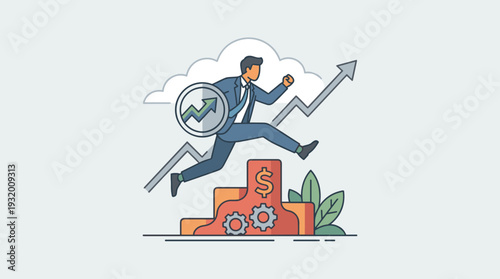 Businessman in a Suit Jumping Over Hurdles and Barriers Towards Success, Holding a Shield with Growth Arrow, Financial Progress and Overcoming Business Challenges Vector Illustration Concept