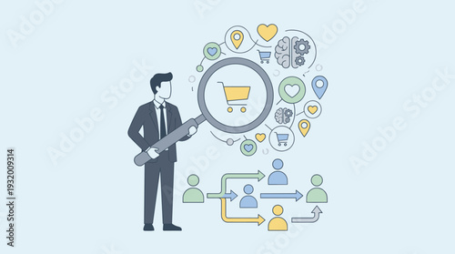 Businessman analyzing consumer behavior and market trends with a magnifying glass. Vector illustration of customer segmentation, shopping habits, psychology, and data-driven marketing strategy.