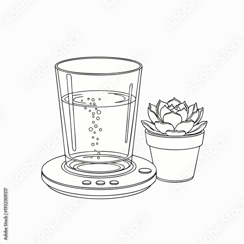 Monochrome line drawing of a glass of water with effervescence on a modern smart coaster, placed beside a charming potted succulent, highlighting wellness and tech.