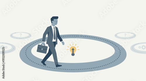 Flat vector illustration of a businessman walking in a repetitive circle, symbolizing workplace monotony, routine, and the search for motivation, innovation, and creative breakthroughs.