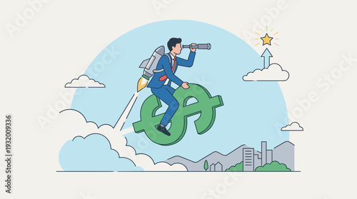 Ambitious businessman flying on a dollar sign with a jetpack, using a spyglass to search for success and financial goals. Concept of wealth growth, investment strategy, and career vision.