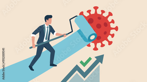 Businessman Erasing Red COVID-19 Virus with Paint Roller, Concept of Economic Recovery, Business Resilience, and Growth After Coronavirus Pandemic Outbreak with Rising Arrow and Checkmark