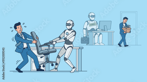 Businessman and Robot Competing for Office Chair as Artificial Intelligence Replaces Human Workers in the Workplace, Concept of Job Displacement, Automation, and Future Employment Challenges.