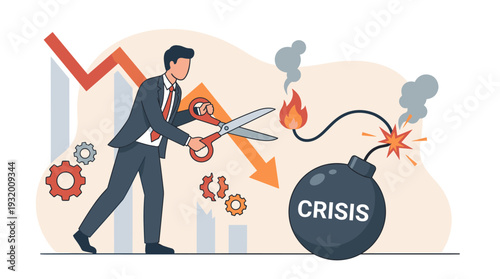 Businessman Cutting Burning Fuse of a Crisis Bomb with Scissors to Prevent Explosion, Representing Economic Risk Management, Financial Recovery, Strategic Problem Solving, and Market Stability.