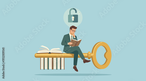 Businessman Reading a Book Sitting on a Large Golden Key with Book Pages, Knowledge is the Key to Success Concept, Education and Learning Metaphor, Unlocking Potential and Wisdom Vector Illustration