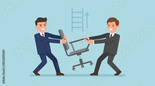 Two angry businessmen in suits fighting and pulling an office chair, representing competition for job promotion, career advancement, corporate rivalry, and the struggle for management roles.