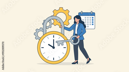 Businesswoman unlocking a clock shaped like a padlock with a key, representing effective time management, productivity, strategic planning, and meeting deadlines for successful business growth.