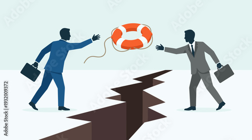 Businessman Throwing a Lifebuoy to Help a Colleague Across a Deep Crack, Symbolizing Business Support, Crisis Management, Financial Rescue, and Teamwork in Challenging Times Vector Illustration