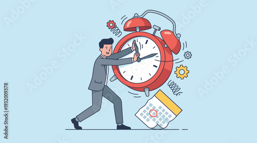 Businessman in a professional suit desperately trying to stop or push back time by holding the hands of a giant red alarm clock, deadline pressure, time management, and productivity concept.