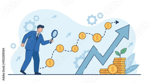 Business professional analyzing financial growth path with magnifying glass, gold coins, and rising arrow. Concept of investment strategy, profit increase, wealth management, and career success.