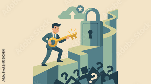 Businessman Holding Golden Key to Unlock Giant Padlock, Concept of Finding Solutions to Problems, Overcoming Obstacles, Business Success, Strategy, Career Growth, and Achievement Vector Illustration.