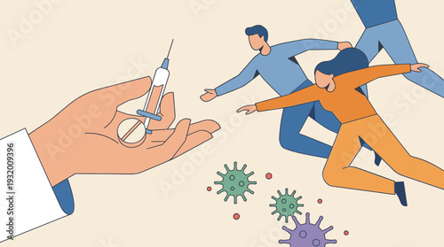 Vector Illustration of a Doctor's Hand Holding a Medical Pill and Vaccine Syringe with People Running and Reaching for Treatment to Fight Against Coronavirus Pandemic and Viral Infection Outbreak